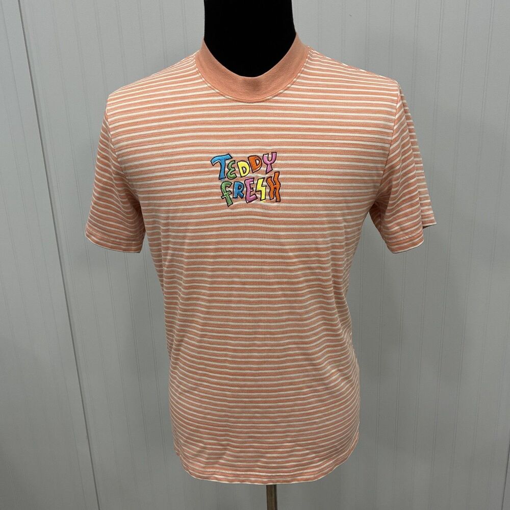 Teddy Fresh Peach White Striped Logo Men's Large Short Sleeve Crew Neck T-Shirt